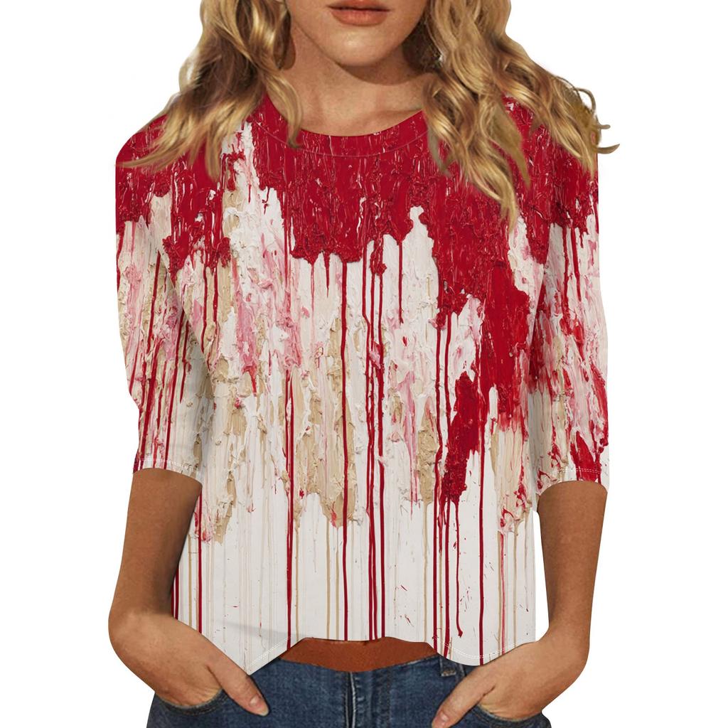 Women's Fashion Casual Round Neck 3/4 Sleeve Loose  Printed T-Shirt Ladies Top