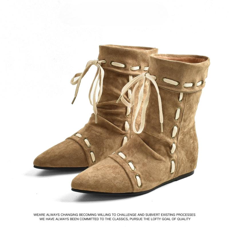 2025 New Pleated Pointed Toe Booties Women's Flat Strap 2025 Autumn and Winter New Retro Niche Mid-Leg Boots