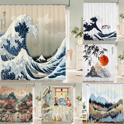 Rideau de douche de style japonais, peinture à l'encre 3D, rideau de salle de bain imperméable avec crochets, 180 x 240 cm, rideau de douche en tissu polyester