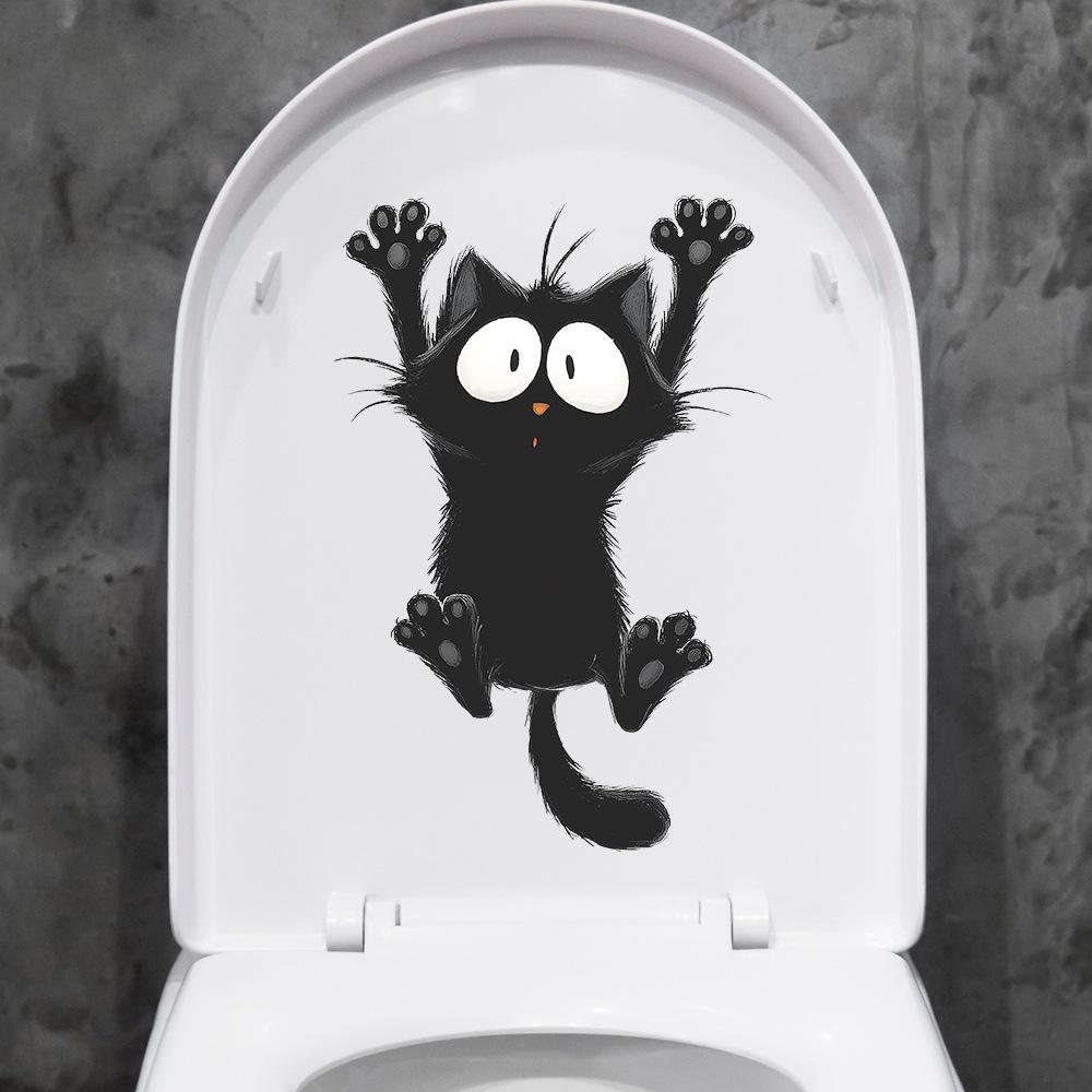 Self-adhesive Cartoon Black Cat Raising Paw Toilet Stickers Wall Decals for Bathroom Home Decor