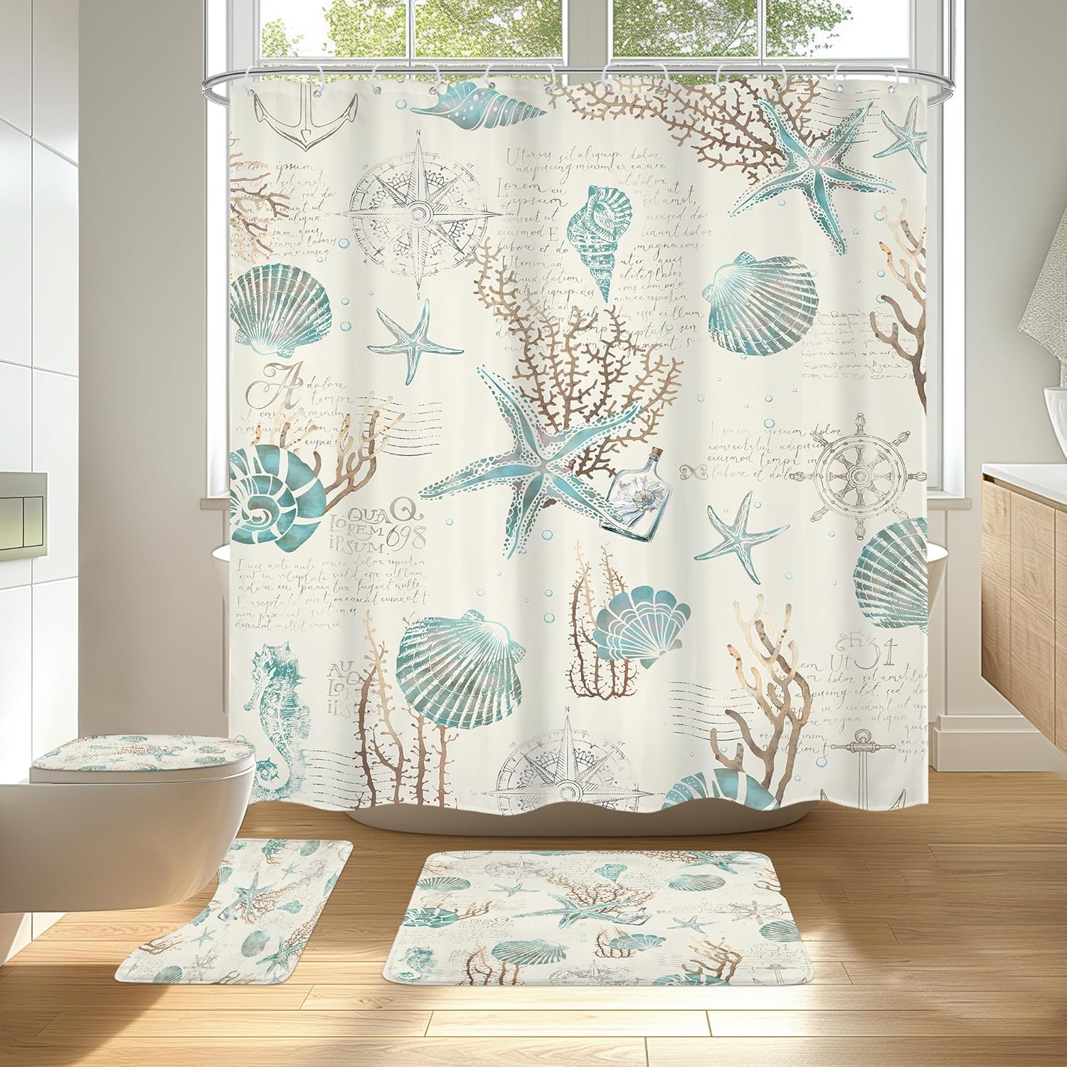 

Omifly Starfish and Seashells Shower Curtain Inch Beach Coastal Nautical Bathroom Set Ocean Coral Vintage Beige Ivory Re 120x180cm