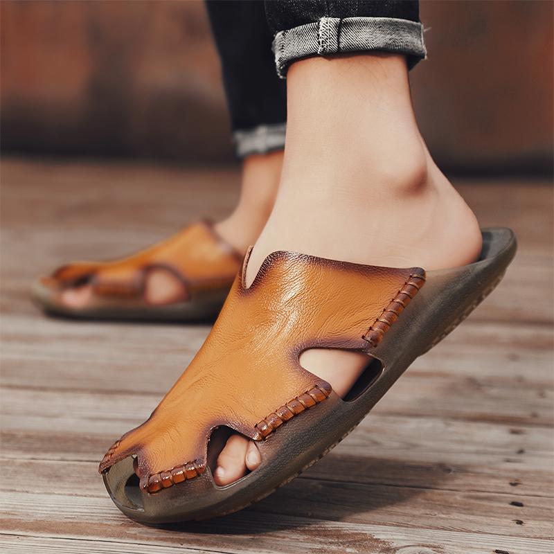 Men's Leather Slippers Non-Slip Beach Sandals Comfortable Summer Shoes Men Slippers Classics Men Flip Flops