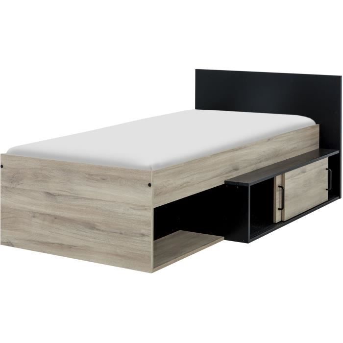 GAMI Erquy Children's Bed with Storage - Light Kronberg Oak and Black Decor - 90 X 200 Cm