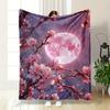 "Pink Moon and Blossoming Sakura" Patterned blanket, flannel, suitable for all seasons, home decor, warm and cozy