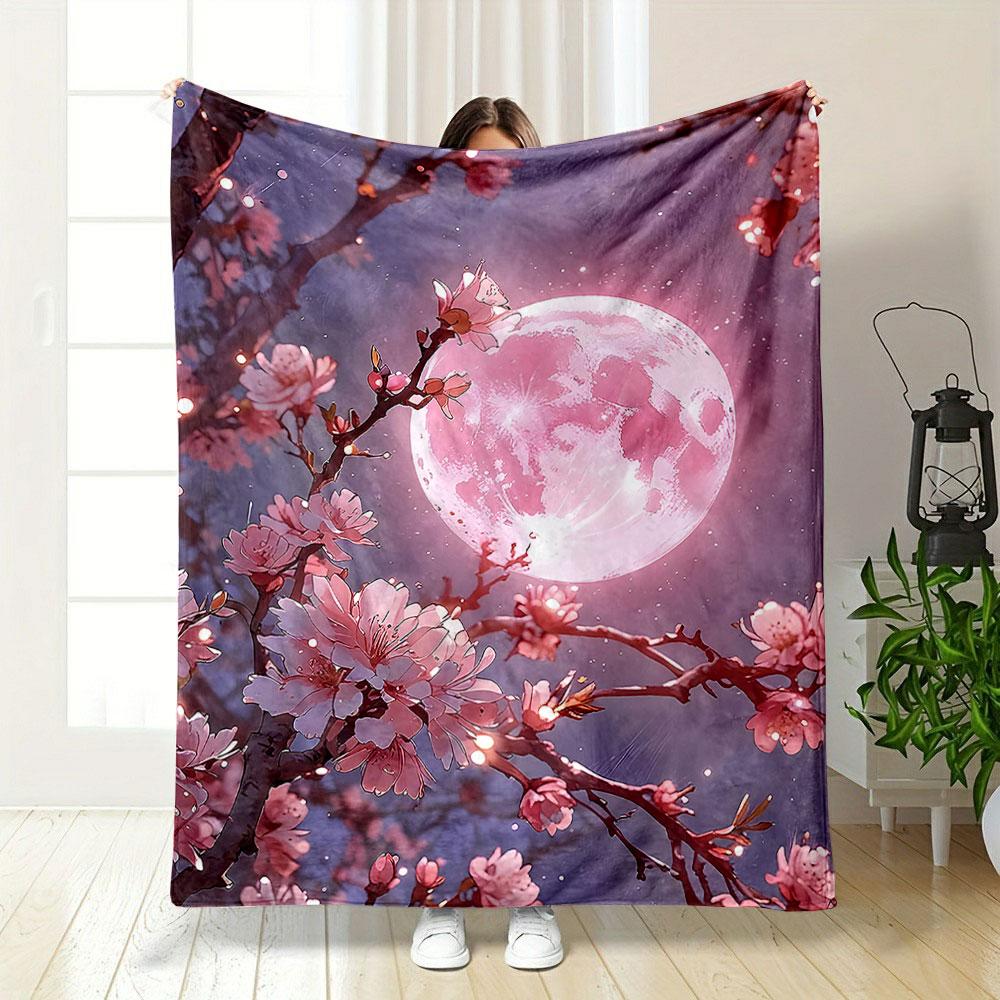 "Pink Moon and Blossoming Sakura" Patterned blanket, flannel, suitable for all seasons, home decor, warm and cozy