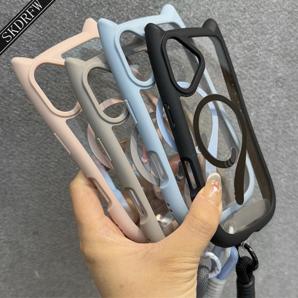 Ins 3D Cartoon Cat's Ears Tail Magnetic Ring Phone Case With Lanyard For iPhone 16 15 14 13 12 11 Pro Max + Plus Back Cover
