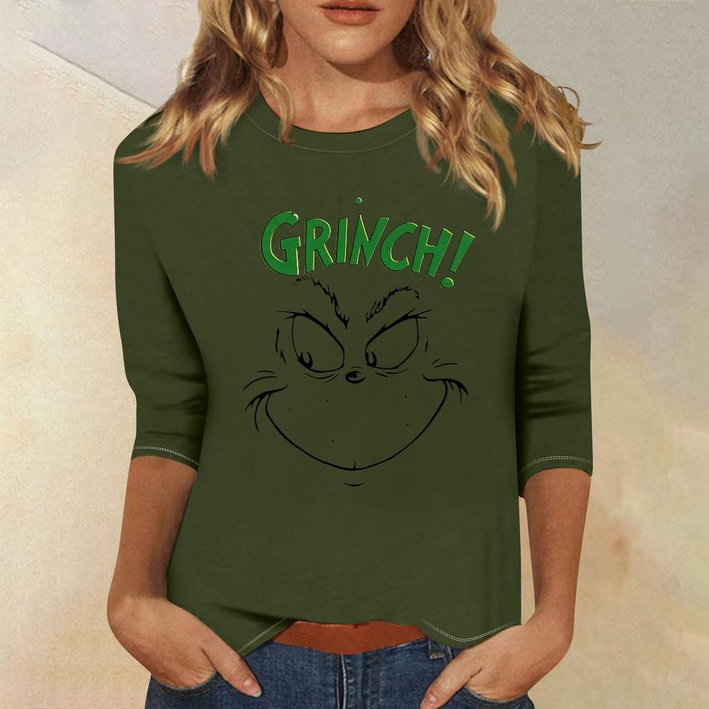 3/4 Sleeve Tops For Women T-Shirt Casual Christmas Print Tops T Shirt Round Neck Pullover Blouse