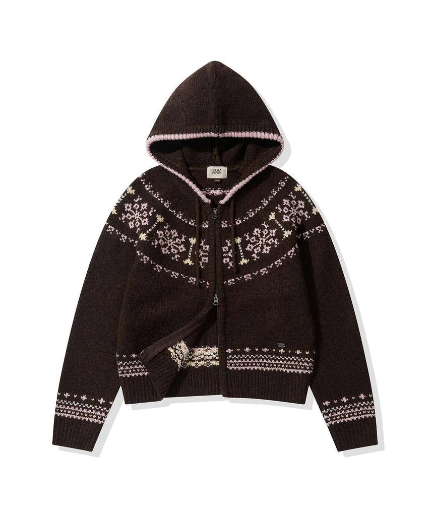 Cgp (Women) Nordic Pattern Hooded Knit Zip-Up_Brown