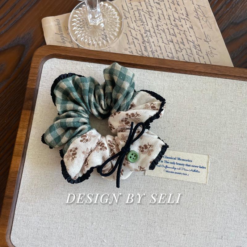 11CM Medium Sausage Ring Plaid Hair Tie with Korean Lace Bow - Women s Contrast Color Hair Accessory