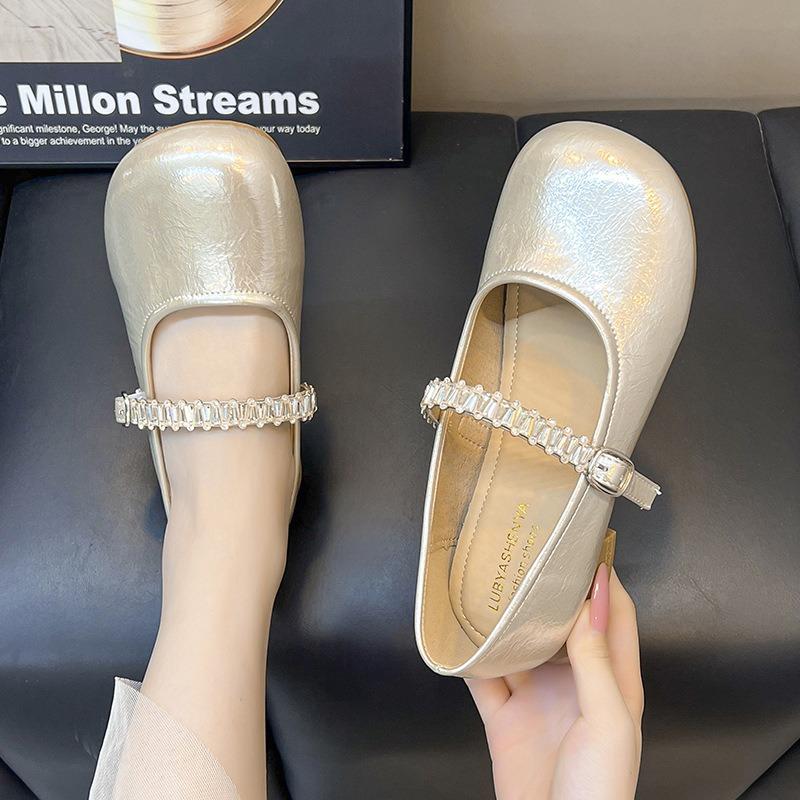 Rhinestone silver Mary Jane shoes women's autumn and summer new models with skirts, evening small leather shoes, flat shoes