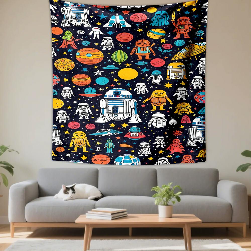 Colorful Galactic Characters and Planets Patterned tapestry for bedroom and living room home decor