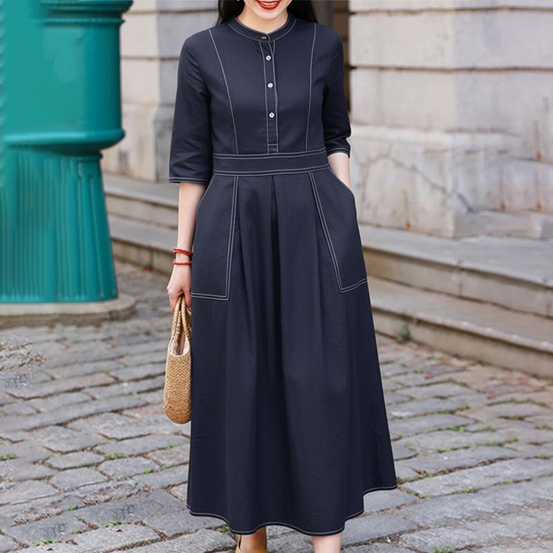 

ZANZEA Women Elegant Casual Stand Collar Solid Color Half Sleeve Dress S тёмно-синий
