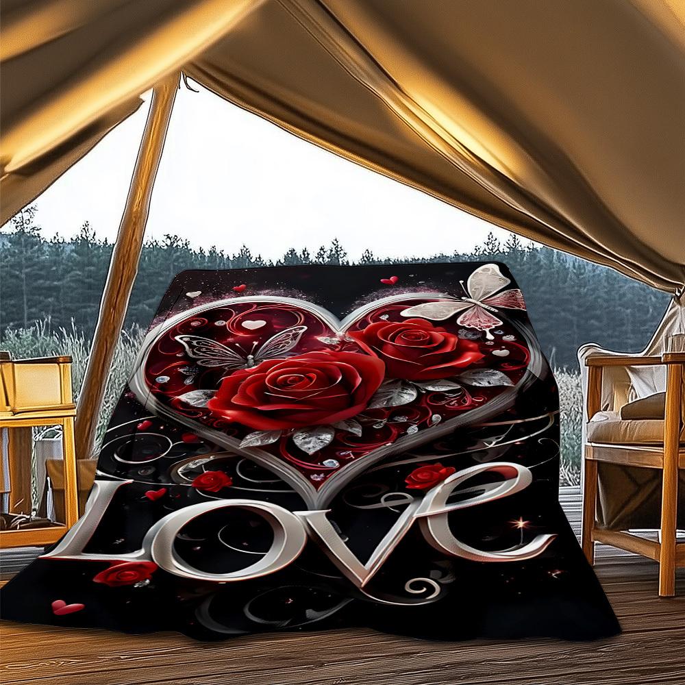 1pc Heart Roses Love Throw Blanket Polyester Fiber, Lightweight Flannel, Soft & Warm, All Season Use for Outdoor, Camping