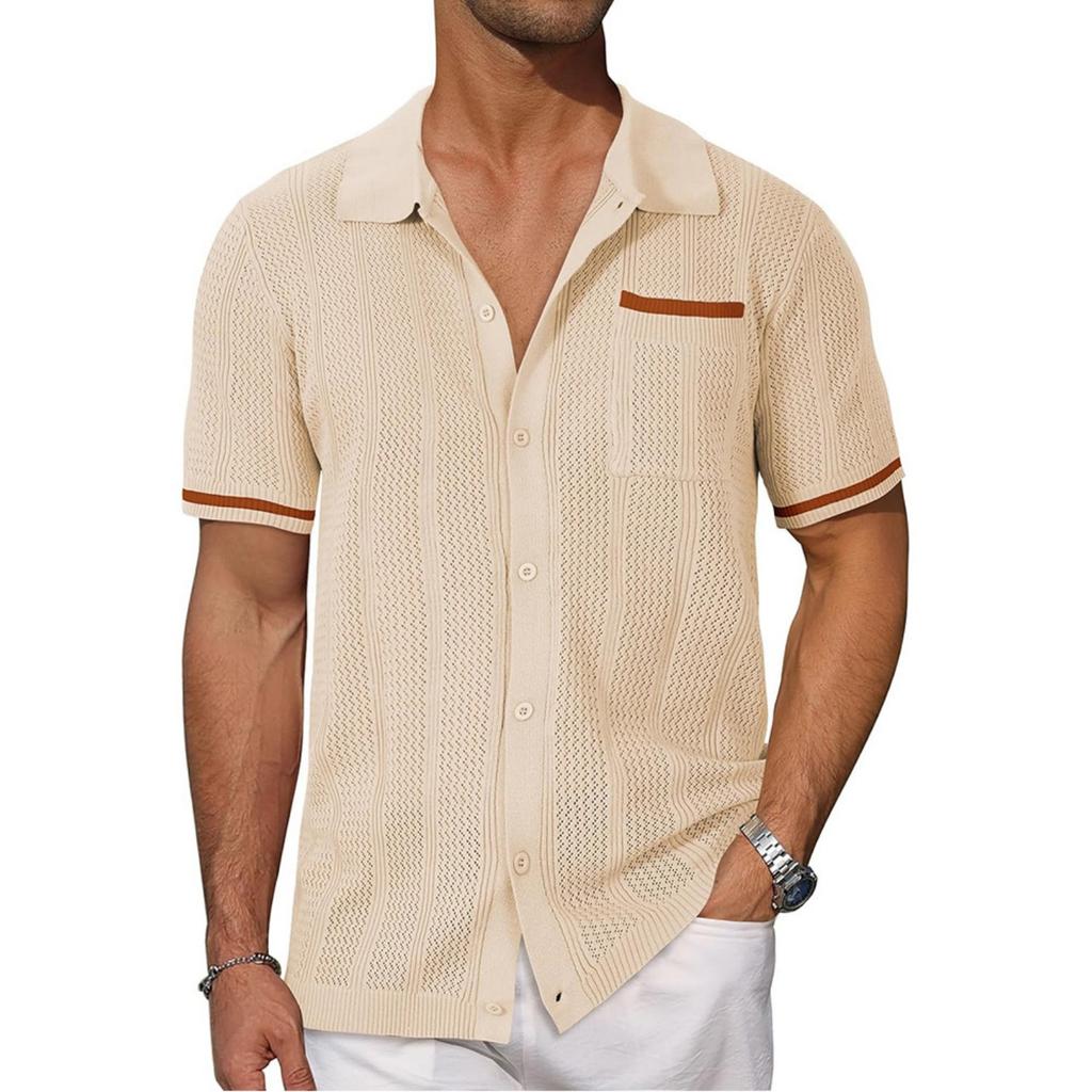 Men's Casual Color-blocked Short-sleeved Shirt, Men's Hollow-out Breathable Button-up Shirt With Lapel