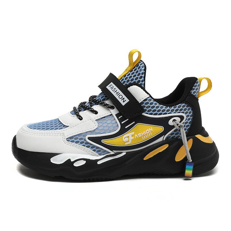 Boys shoes 2025 autumn new double mesh leather surface breathable hollow children's sports shoes medium older boys running shoes