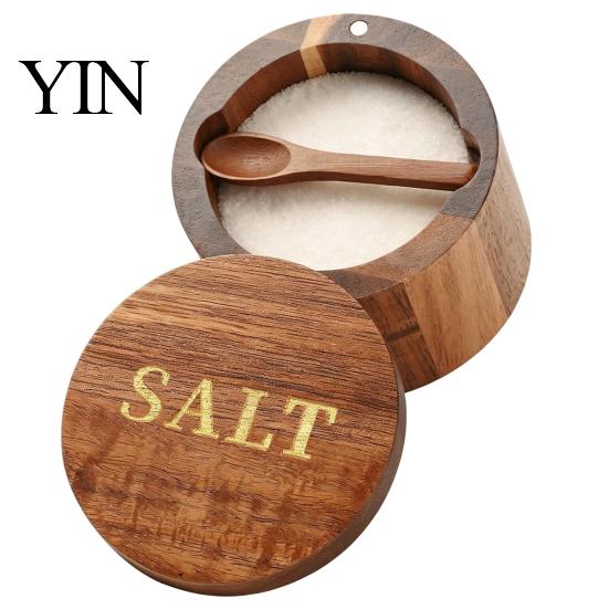 Seasoning Container with Spoon Wood Salt Swivel Magnetic Lid, Built-in Small Cellar for Countertop Jar, Moisture Proof Spice Kitchen Solid Box