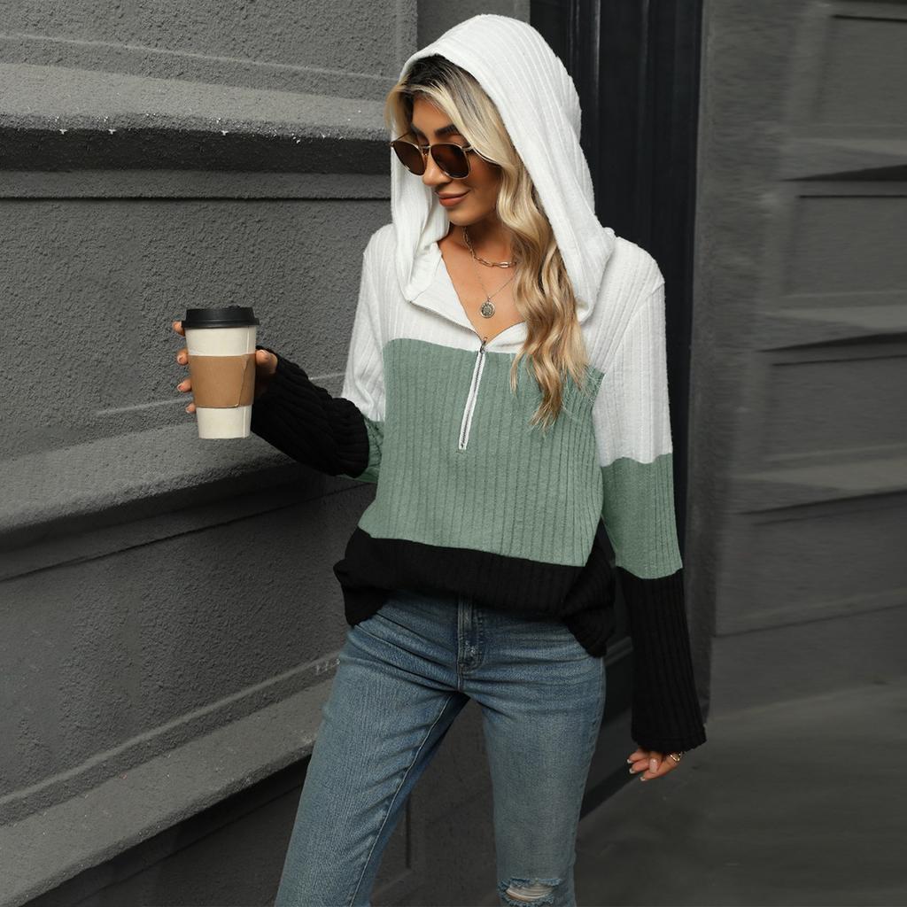 Women's Autumn and Winter New Loose Contrasting Color Spliced Zipper Hooded Long Sleeved Top for Women