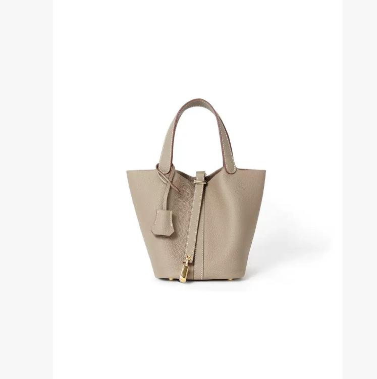 Genuine Leather Shoulder Bucket Bag Women Litchi Pattern Mini Basket Tote Soft Handbag Mommy Bride Wedding Bags with Lock