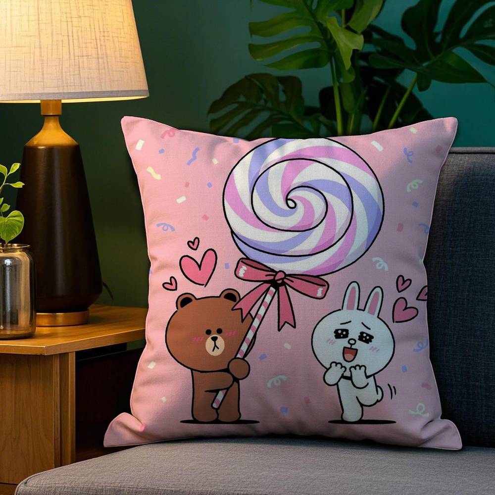 B-Brown Bear and C-Cony Pillow Case Plush Fabric Soft Double Sided Print Sofa Cushion Cover Throw Pillow Covers