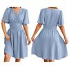 Summer Casual V Neck Short Sleeve A Line Midi Dress Women Solid Color Fashion Dress