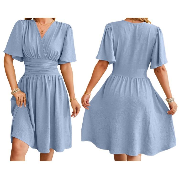 Summer Casual V Neck Short Sleeve A Line Midi Dress Women Solid Color Fashion Dress