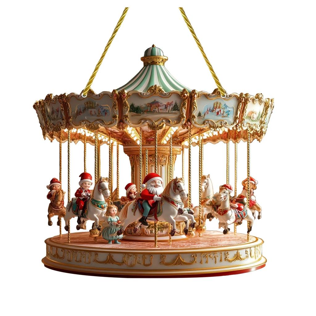 2D Santa Carousel Christmas Hanging Ornament Scene Traditional Festive Decoration Merry-Go-Round Christmas Ornaments Xmas Decor