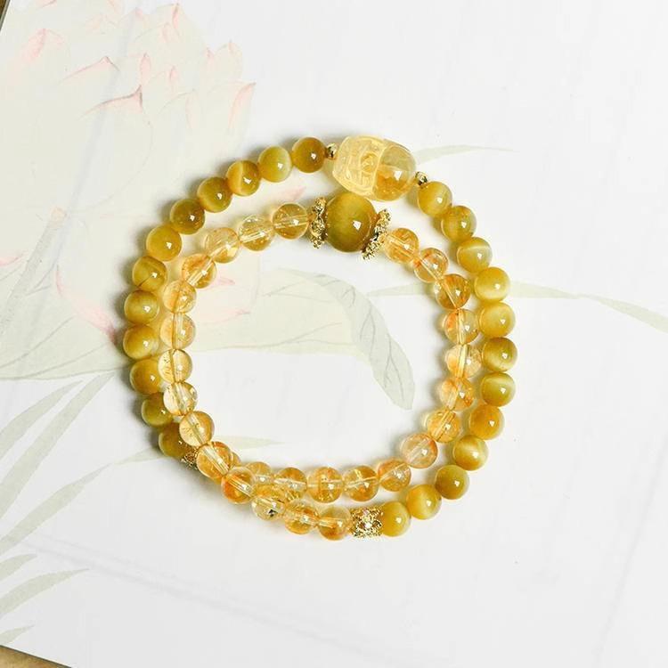 Natural yellow crystal Pixiu bracelet for women, niche high-end gold tiger eye bracelet, double-loop yellow crystal bracelet for women Yellow crystal Pixiu and
