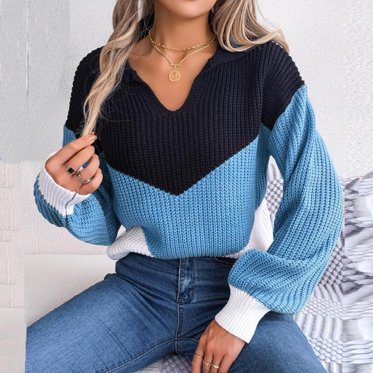 Casual Women Autumn Winter Knit Pullover Sweater Long Sleeve Polo Collar Contrast