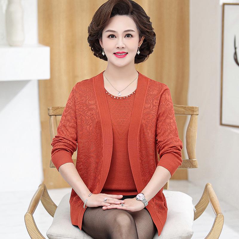 

Stylish Knit Cardigan & Short-sleeved T-shirt Set for Middle-aged and Elderly Women - Spring & Autumn Wear XL (recommended 100-110 jin) помаранчевий