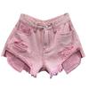 Summer 2026 American Pink Ripped Denim Shorts - Korean Style Wide-Leg A-line Hot Pants