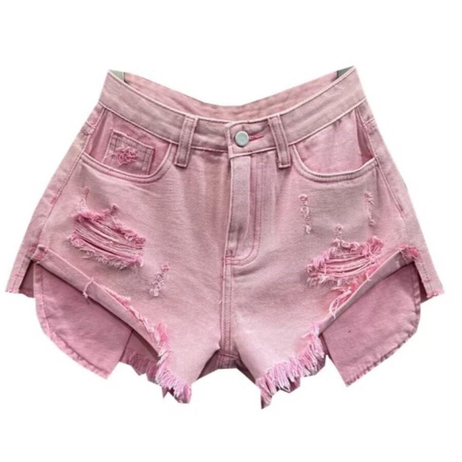Summer 2026 American Pink Ripped Denim Shorts - Korean Style Wide-Leg A-line Hot Pants