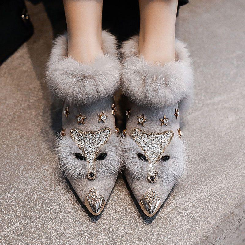 

Real rabbit fur women s winter velvet fox head fluffy shoes women s warm outer wear medium heel fashion British style thick heel short boots women 35