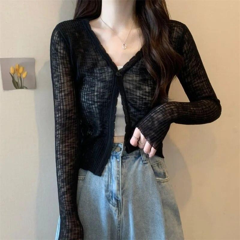 Cardigan sottile in seta di ghiaccio corto bianco da donna manica lunga lavorato a maglia protezione solare slim crop top Kintwear nuova moda semplice casual primavera estate