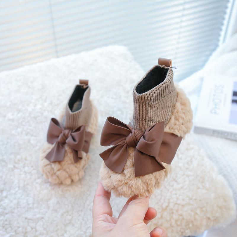 Girls fluffy shoes winter children's cotton shoes boys shoes plush bow classmate baby socks boots
