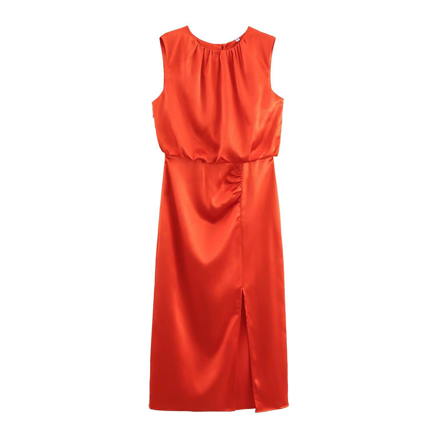 

Весна 2025 Женское плиссированное миди-платье в европейском и американском стиле из атласа с декоративной пряжкой S