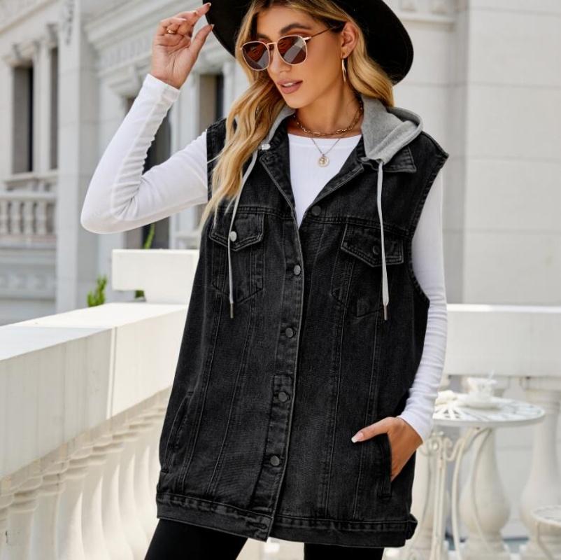Fashion 2024 Fall Winter New Women's Sleeveless Long Denim Vest Fashion Loose Detachable Hooded Jeans Jacket Coat Casual Clothing S-XL