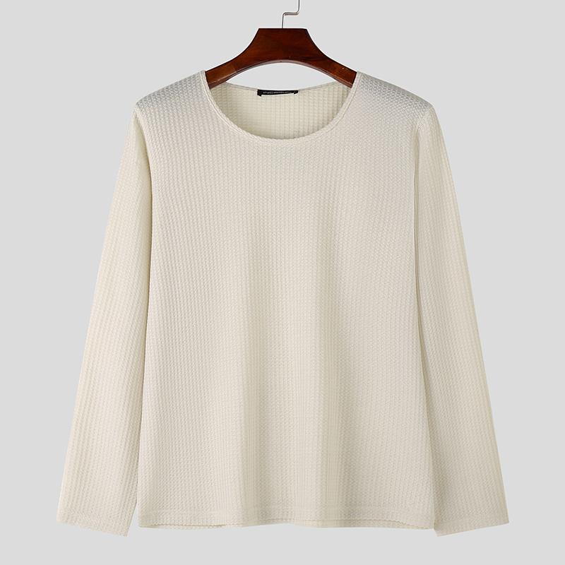 

INCERUN Мужские топы с круглым вырезом и длинным рукавом, тонкие рубчики, повседневные фактурные майки S бежевый