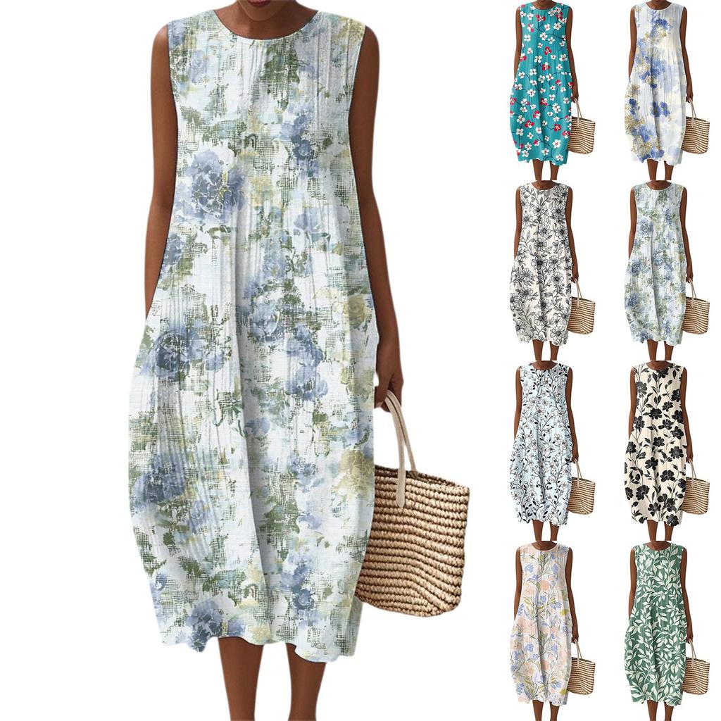 Women's Fashion Casual Sleeveless Round Neck Floral Elegant Temperament Dress