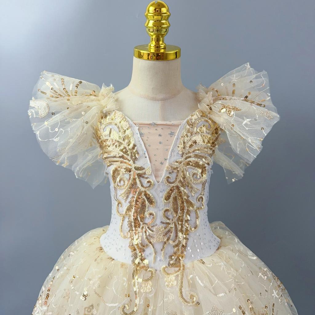 Tutu da Balletto Romantico per Bambina Gonna da Danza Gonna da Balletto con Paillettes Dorate Abbigliamento per Esibizioni di Balletto Abito Lungo da Principessa