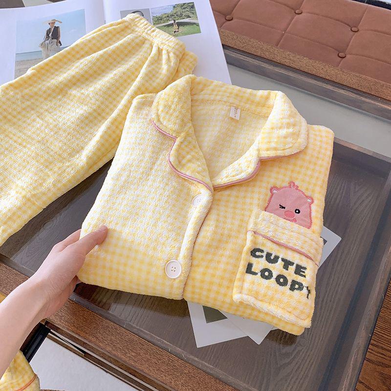 Женский коралловый флисовый комплект пижамы Осень/Зима - Плотная фланель со стильным дизайном. L (105-125 jin)