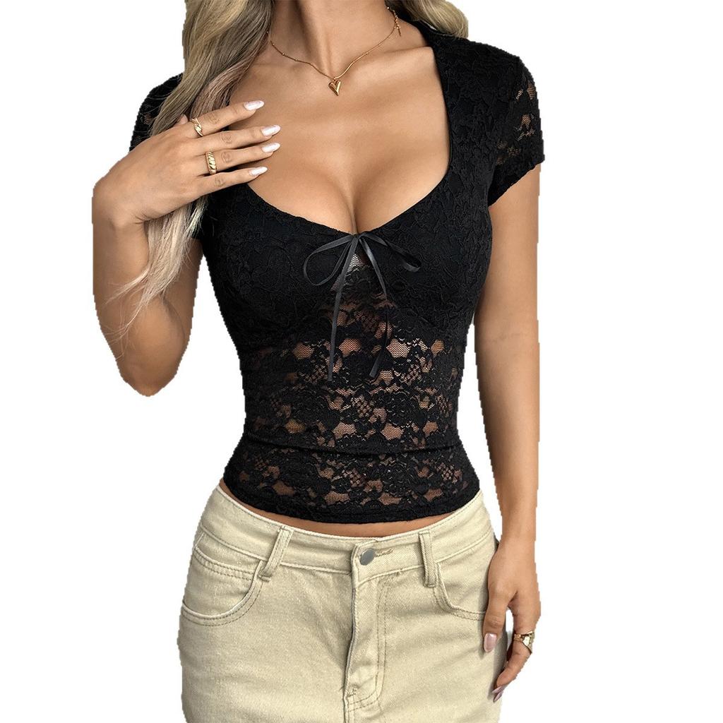 European and American Y2K Spice Girl Style Solid Color Lace Short Sleeve Women's Small T-Shirt Women's Spring and Summer