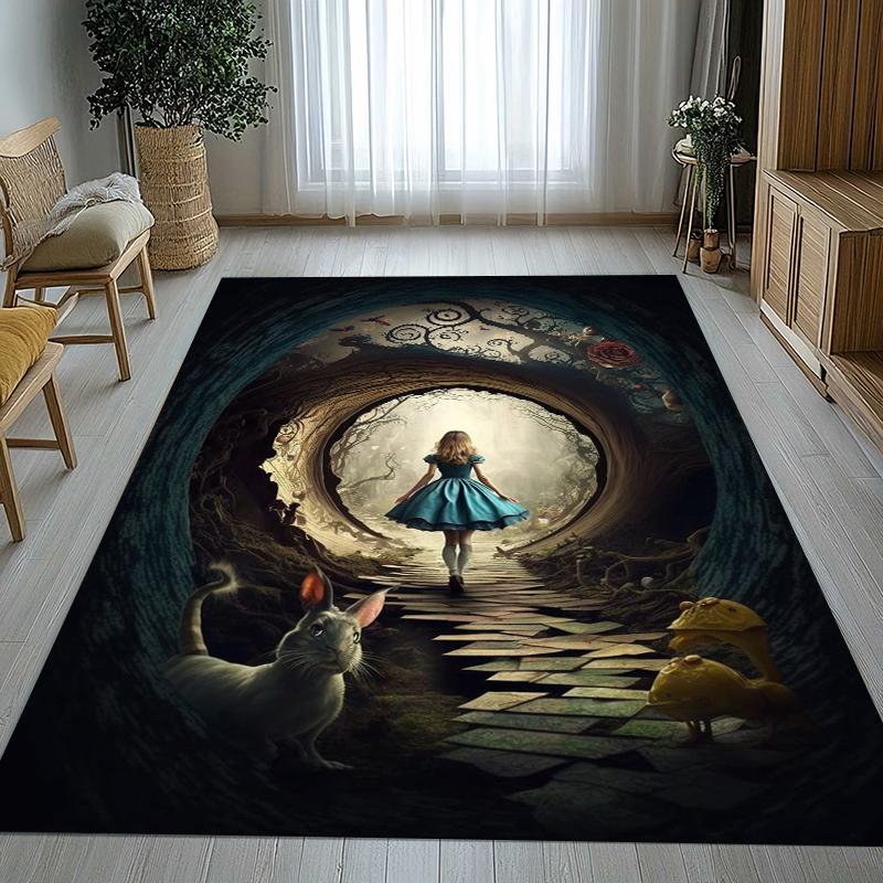 Alice nel Paese delle Meraviglie Cartone Animato Gatto Sorridente Tappeto da Area Antiscivolo per Soggiorno Tappeto Morbido per Camera da Letto Sala Giochi Divano, Tappetino Decorativo per la Casa