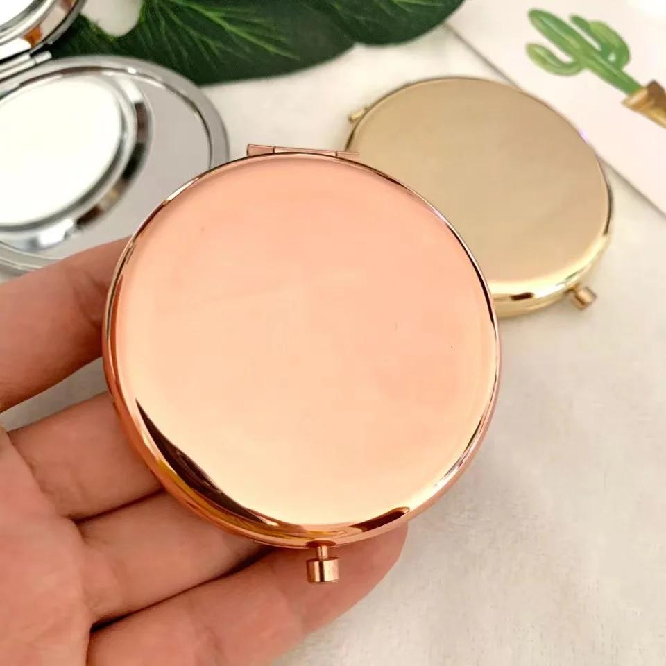 Portable Makeup Mirror Solid Rose Gold Color Metal Round Case Double-Side Pop-Up Pocket Mirror Beauty Cosmetic Mirror