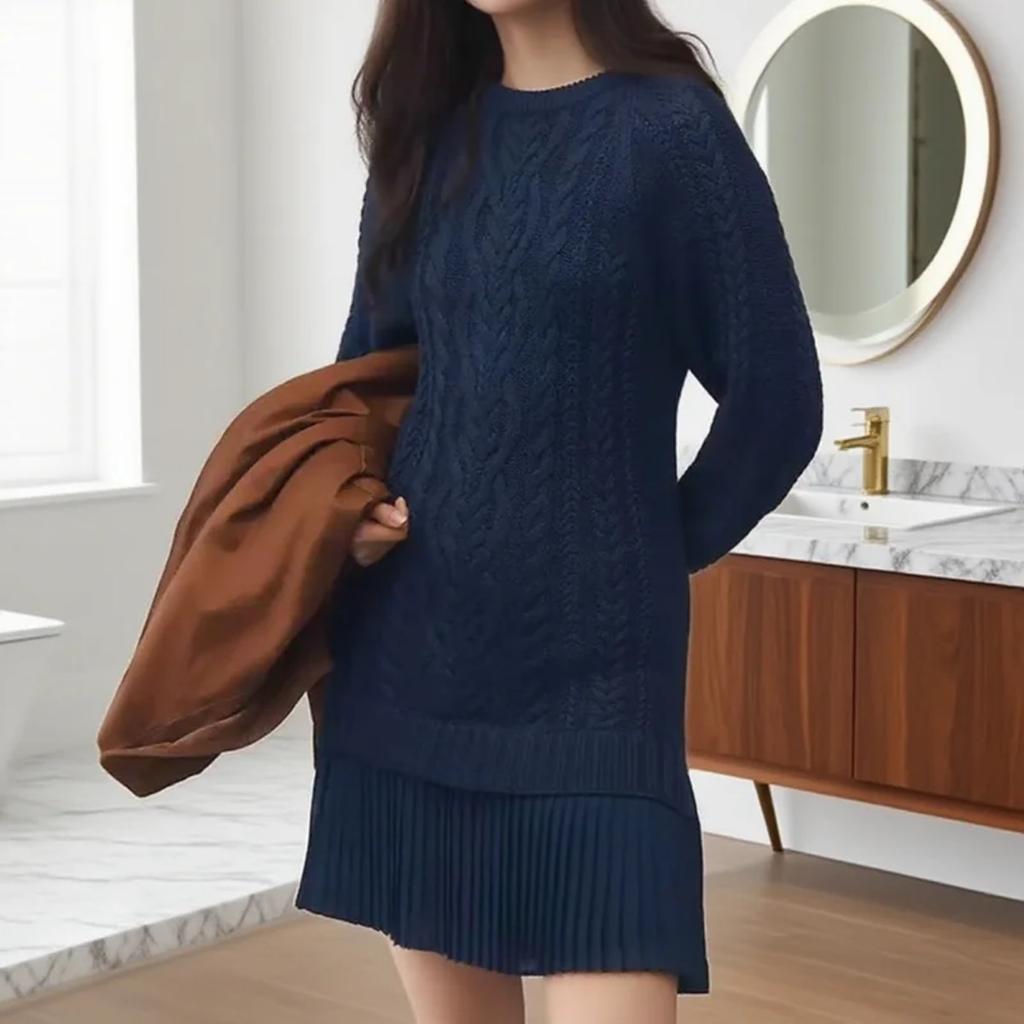 Winter Long Sleeve Twist Knitted Sweater Dress Woman O Neck Ruffle Chiffon Pleated Dresses Fall Solid Warm A-Line Pullover Dress