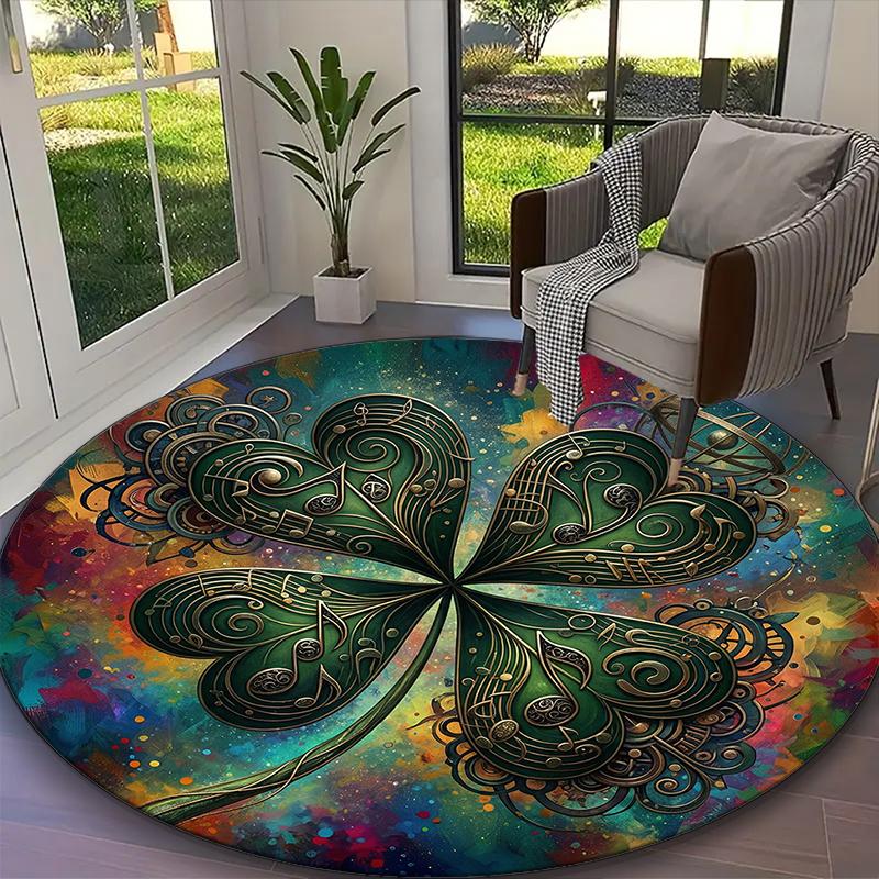 1pc Round Rug Appropriate for Office, Golden Blue Clover Carpet, Versatile Printed Chair Rug, Durable Home Sofa Carpet