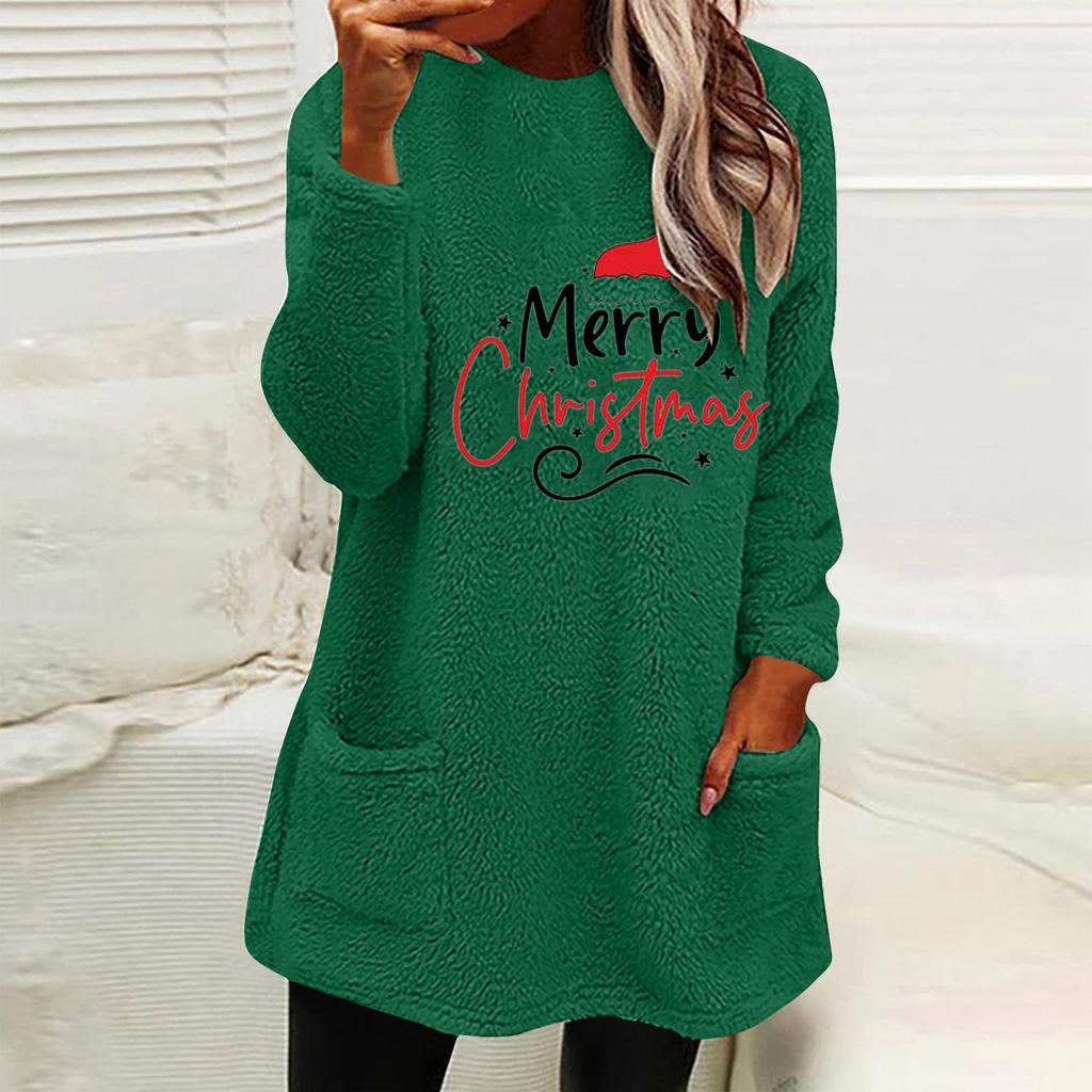 Women's Loose Long Sleeve Christmas Hat Print Fleece Hoodie