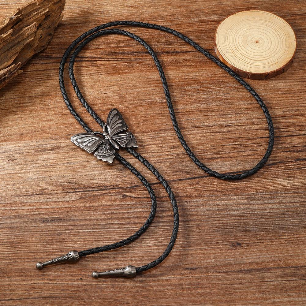 Boho Five-pointed Star Bolo Tie PU Woven Bronze Butterfly Choker Turquoise Feather Necklace  Men