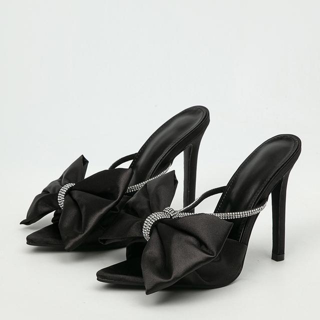 

Новые шелковые вечерние тапочки на высоком каблуке 11,5 см с узлом и бабочкой, сандалии, шлепанцы, туфли со стразами и острым носком, женские шлепанцы 38 чёрный