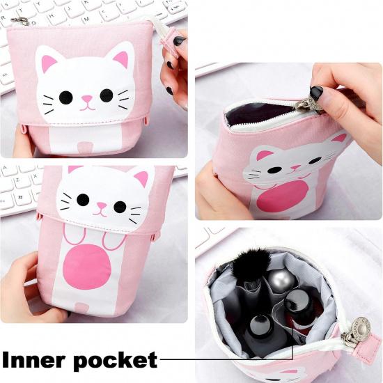 Zonon 4 Pieces Standing Pencil Case Cat Print Telescopic Pencil Case Telescopic Pencil Pouch Holder Canvas PU Cartoon Organizer Portable Pencil Bag