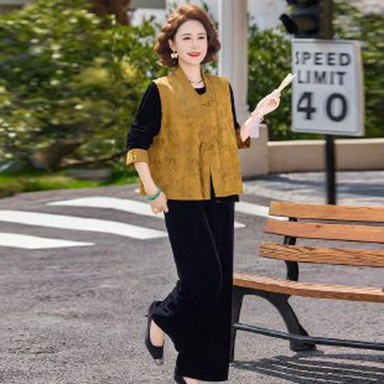 

Women s Retro Jacquard Frog Button Vest Set - Chinese Style Spring & Autumn Collection for Middle-Aged & Elderly Extra Large жовтий